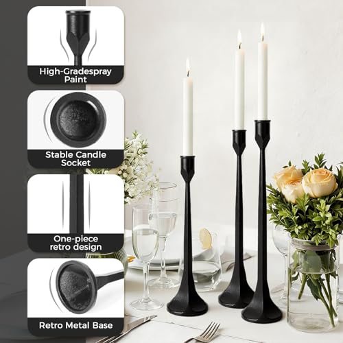 Vintage Cast Iron Black Taper Candle Holders Set of 3 Antique Decorative Candlestick Holder for Wedding Dining Table Party Rustic Home Decor - color: Black