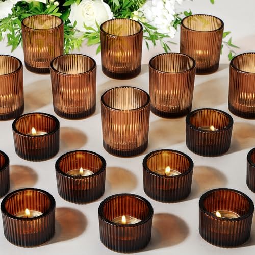 20pcs Assorted Votive Candle Holders for Tea Light Candles, Amber Glass Tea Light Candle Holders Set, Decorative Ribbed Tealight Holder for Wedding Table Decor, Dining Room, Valentine's Day, Birthday - color: Amber