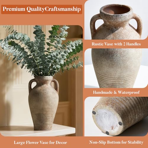 Ceramic Vase with Handles 11 inch Tall Rustic Vases Brown Terracotta Vase,Vintage Decorative Farmhouse Pottery Vase Wabi Sabi for Home Decor,Living Room,Dining Room,Fireplace Mantel,Entryway,Shelf - size: 11‘’