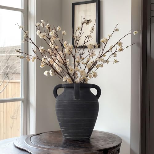 Handmade Large Black Vase - 10" Tall Terracotta Vases with 4 Ear Design, Wide Mouth Vintage Vases, Rustic Antique Decor Matte Black Ceramic Vase for Home Decor, Living Room, Table, Fireplace Decor - color: Black, size: Large
