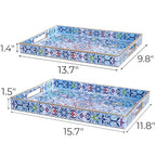 Hiceeden Set of 2 Boho Floral Serving Tray with Handles, 15.7" x 11.8" Decorative Plastic Ottoman Tray, Modern Large Coffee Table Server for Living Room, Bathroom, Kitchen, Rectangle, Blue