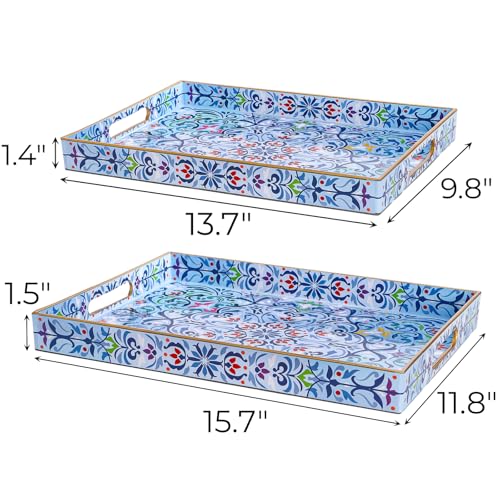 Hiceeden Set of 2 Boho Floral Serving Tray with Handles, 15.7" x 11.8" Decorative Plastic Ottoman Tray, Modern Large Coffee Table Server for Living Room, Bathroom, Kitchen, Rectangle, Blue