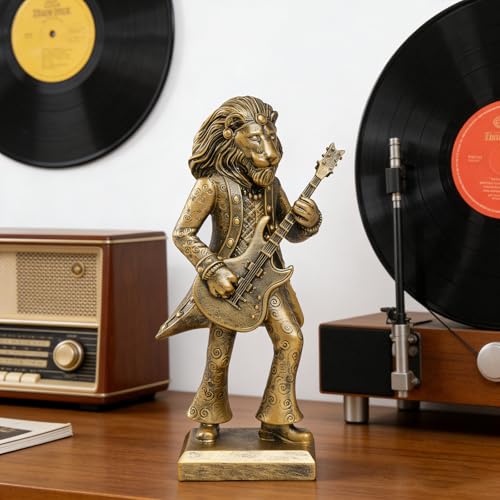 Vintage Animal Statue Sculpture,Gold Resin Music Lion Figurine with Guitar, Retro Office Desk Decor for Home Living Room, Creative Gift for Animal Lovers - color: Music Lion