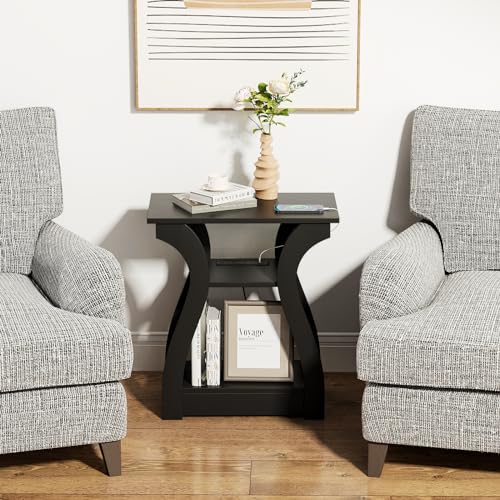 FROMJBEST End Table with Charging Station, Side Table with USB Ports and Outlets, Nightstand, 3 Tier End Table with Storage Shelf for Living Room, Bedroom (Black) - color: Black