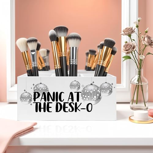 Funny Trendy Disco Ball Pencil Pen Holder for Desks, Panic at the Desk-O Mental Health Wooden Pencil Holder Organizer for Home Office Desk Accessories, Office Humor Gifts for Women - color: Color-Desk accessories white 04