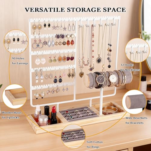 Ciormis Jewelry Stand Holder, 5 Tier Earring Holder Organizer with 72 Holes and 12 Hooks Jewelry Tower Necklace Tree Stand Hanger Bracelets Holder Storage with Ring Tray for Women Girls Gift (White) - color: White-new