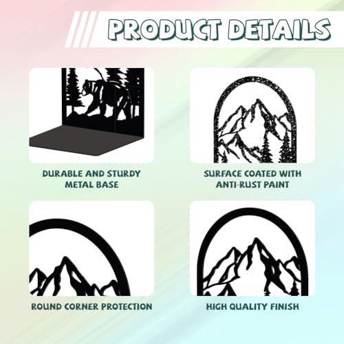 Peacoblue Metal Bookends for Shelves, Modern Decorative Heavy Duty Study Book Support Stoppers for Office, Desk, Shelf, Room 5.3"x4.3"x7.9" Cast Iron Bookends, 1 Pair (Mountain and Forest with Bear) - style: Mountain and Forest with Bear