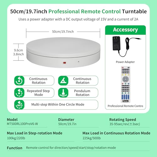 Remote-Controlled Motorized Electric Turntable,Heavy Duty Rotating Display Stand,Speed-Adjustable Rotating Platform,Multi-Mode Photography Turntable for 3D Scan,Photography(19.7in/White) - size: 19.7inch/White/500Lbs Load