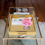 HofferRuffer Rectangle Serving Tray with Hole Handles for Coffee Table, Breakfast, Tea, Food, Butler - Countertop, Kitchen, Vanity Serve Tray, 16.2 x 12.2 x 2 inches, Faux Leather (Gold) - color: Gold, size: 16.2" x 12.2" x 2"