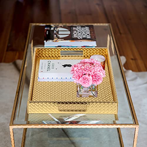 HofferRuffer Rectangle Serving Tray with Hole Handles for Coffee Table, Breakfast, Tea, Food, Butler - Countertop, Kitchen, Vanity Serve Tray, 16.2 x 12.2 x 2 inches, Faux Leather (Gold) - color: Gold, size: 16.2" x 12.2" x 2"