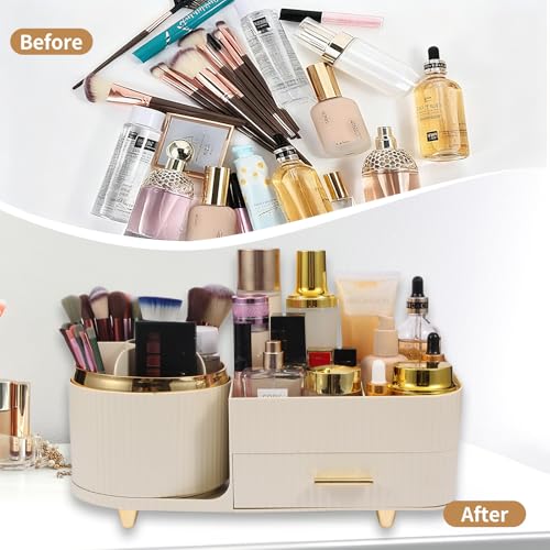 Makeup Organizer Countertop with Drawer 360 Rotating Brush Holder Storage Large Capacity Skincare Cosmetic Display Cases for Vanity Bathroom Desktop, Model 3016 Cream - color: Cream