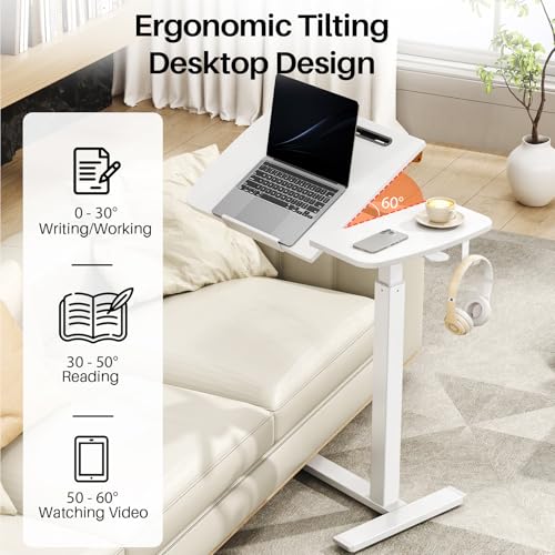 Overbed Bedside Table with Wheels,Tiltable Hospital Bed Table, Pneumatic Adjustable Overbed Table, Rolling Laptop Desk, Mobile Standing Desk for Bed, Couch, or Hospital Use - color: White