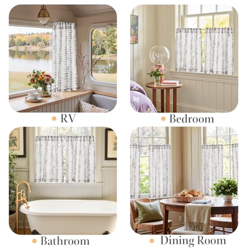 jinchan Boho Kitchen Curtains for Windows Light Filtering Poly Linen Cafe Curtains 24 Inch Rod Pocket - Mudcloth Print 2 Panels Farmhouse Window Treatments for Bathroom Laundry RV Grey on Linen - color: Tribal | Grey on Linen, size: 26"W x 24"L (Pack of 2