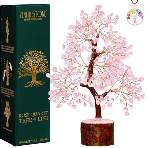 ZENFULSTONE Rose Quartz Crystal Tree of Life for Love & Healing Décor for Home and Office | Handmade Bonsai for Emotional Support & Harmony as Symbol of Piece for Loved Ones - color: Rose Quartz Copper Wire