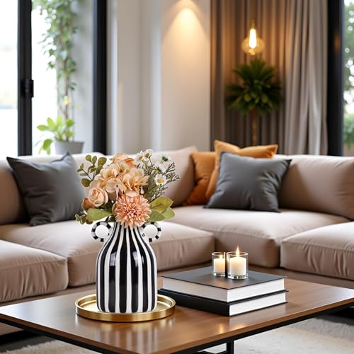 Black and White Ceramic Vase with Handle, Nordic Boho Small Vases Side Table Flower Centerpiece, Wide Mouth Single Flower Vase Pampas Grass Decorative - For Home Window Sill Living Dining Room Kitchen - color: Black and White
