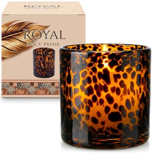 Tortoise Shell Candle Holder | Cheetah & Leopard Print Candle Holder | Large Amber Glass Votive 4.7" for Vanity | Animal Pattern Glass Decor | Tea Light, Jar Candle & Vanity Accent