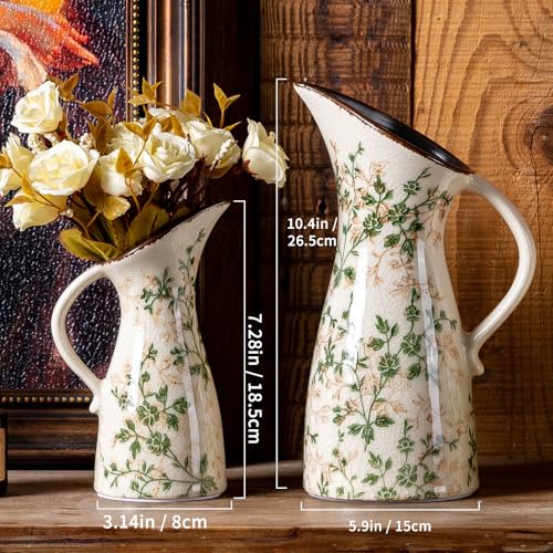 SURE YUESI 7.3” Green Handcrafted Ceramic Pitcher Vase, Vintage Pastoral Floral Vase, Farmhouse Chinoiserie Tuscan Cottage Core Rustic Table Centerpiece - color: 14-green and Beige