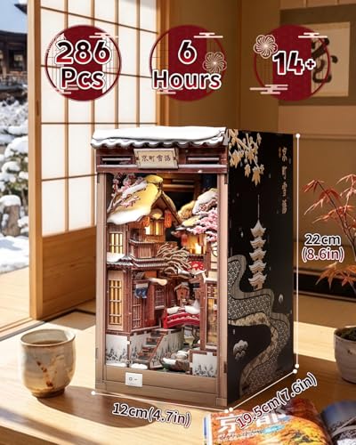 Cutefun DIY Book Nook Kit Kyoto Snow Whisper – Japanese Snow Scene 3D Wooden Puzzle Miniature Dollhouse Kit with LED Light, Bookshelf Insert Decor, Creative Gift for Adults, Teens & Book Lovers - style: Kyoto Snow Whisper