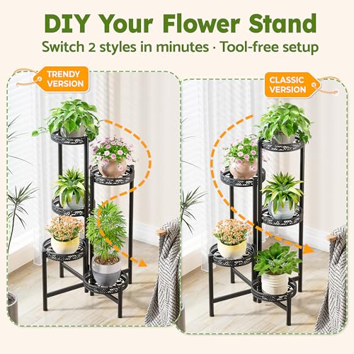 Plant Stand Indoor Outdoor, 5 Tier Corner Metal Flower Display Holder Shelf, Folding Tall Rack for Patio Balcony Porch Garden Living Room House, Heavy Duty Wrought Iron Plant Shelf- BlackWave - color: BlackWave, size: 5-Tiers