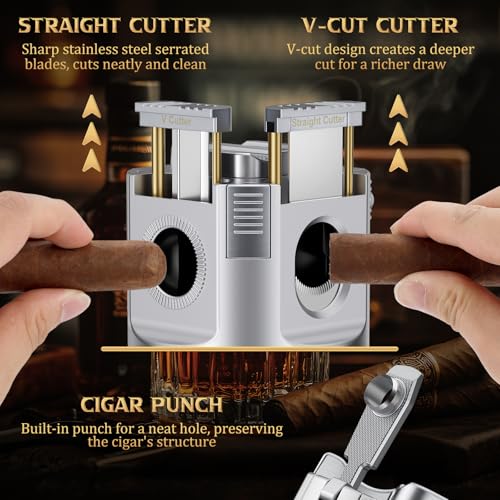 XIFEI 8-in-1 Desktop Cigar Lighter with Straight V-Cut Cutter, 3 Ashtrays, 3 Draw Enhancer Tools, 2 Stands, Cigar Punch, 4 Jet Flame Butane Torch Lighters, Luxury Accessories Gift Set (Silver) - color: Silver