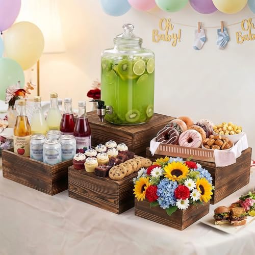 8 PCS Wooden Buffet Risers, Nesting Rustic Wood Display Stands, Multi-Size Dessert Table Display Set for Catering, Wedding & Party Events