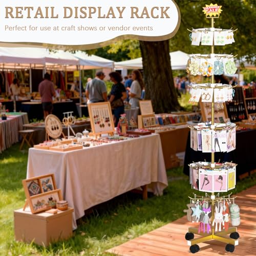Retail Display Stand Store Display Rack 6 Tier Metal Spinning Display Stand Rack with Wheels Keychain Jewelry Stocking Hat Stand with Hooks for Malls, Showroom, Retail Store (6 Tier Gold) - color: 6 Tier Gold