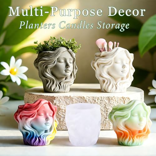 1 Pc Curly-Haired Closed-Eye Woman Girl Epoxy Resin Casting Jar Mold Goddess Female Head Candle Holder Silicone Mold for Jewelry Makeup Brush Succulent Plant Pot Cement Concrete Home Decor - color: Woman Resin Mold
