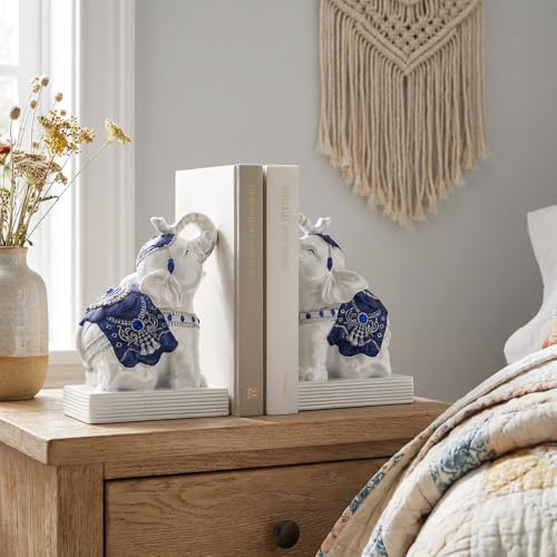 Elephant Bookends for Shelves, Decorative Bookends, Book Holders with Anti-Slip Pad for Book Lovers Heavy Book Stopper for Home Office Decor (Blue&White) - color: Blue&white