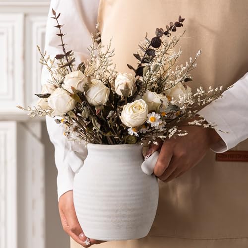 Vanselia Ceramic Flower Vase Home Decor - Farmhouse Table Vases with Handle Living Room Decoration Vintage Decorative Aesthetic for Shelf Coffee Dining Desk House Bookshelf Fireplace (6" Rustic) - color: 6" Rustic