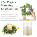 Yunlly 4 Pcs Candle Wreaths Rings Artificial Eucalyptus Wreaths Candle Holder Rings with LED Flameless Candles, 9.5" Wide for Wedding Windows Table Centerpieces, Green and White - color: Green and White, style: Classic