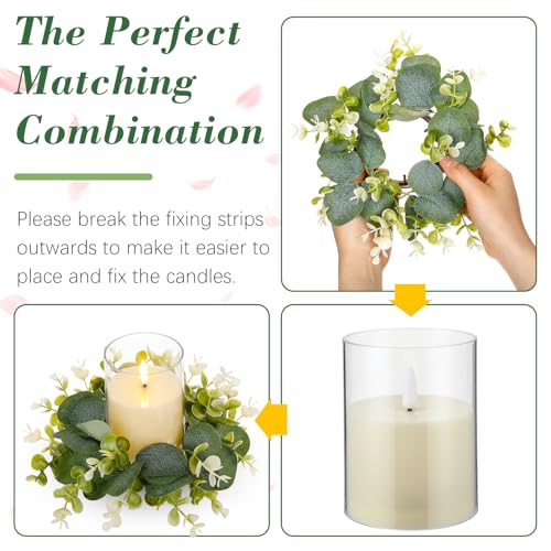 Yunlly 4 Pcs Candle Wreaths Rings Artificial Eucalyptus Wreaths Candle Holder Rings with LED Flameless Candles, 9.5" Wide for Wedding Windows Table Centerpieces, Green and White - color: Green and White, style: Classic