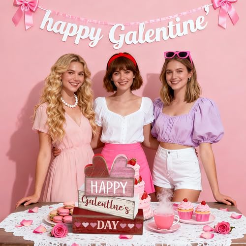 Yuntau 5 Pcs Happy Galentines Day Decorations Wooden Hearts Table Centerpiece Happy Galentines Day Party Table Sign for Valentines Tiered Tray Desk Mantle Shelf Decor - style: Hearts