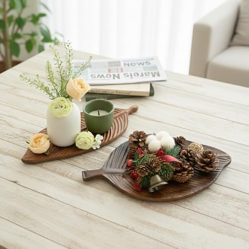 Acacia Wood Leaf Design Serving Tray - Decorative Wooden Platter for Charcuterie, Cheese, Fruit, Kitchen Table Decor