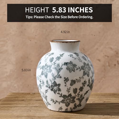 SIDUCAL Ceramic Vintage Vase, 5.83 Inch Retro Ice Cracked Chinoiserie Floral Vase, Rustic Farmhouse Vases for Home Decor, Bookshelf, Garden, Chinoiserie Decor, Tuscan Decor, Gray Floral Pattern - color: 18443-gray