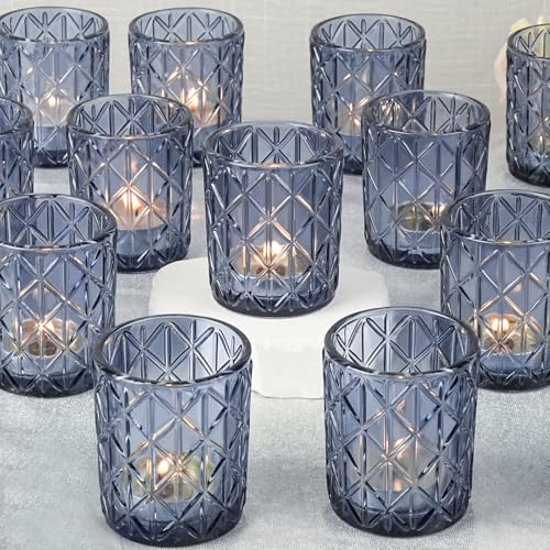 24pcs Blue Votive Candle Holders, Glass Votives Candle Holder in Bulk for Table Centerpieces, Tea Lights Candle Holder for Wedding Party Holiday Decor (Blue,24) - color: Blue