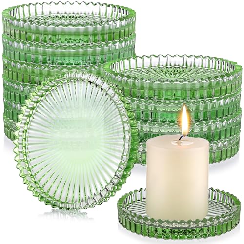 Honeydak Sage Green Glass Pillar Candle Holder Plates 4'' Round Glass Candle Tray Round Coasters for Table Centerpiece Wedding Party Home Bridal Shower Thanksgiving Christmas Decor(12 Pcs) - color: Sage Green