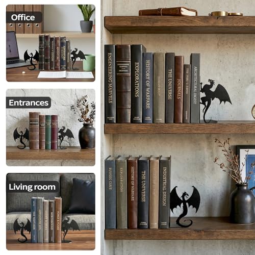Dragon Bookends Decorative Metal Book Ends for Shelves, Unique Office Desk Bookends Cute Stoppers Reading, Bookshelf Decor for Office School Bedroom Gift for Dragon Lovers and Reading Enthusiasts - color: Black Dragon