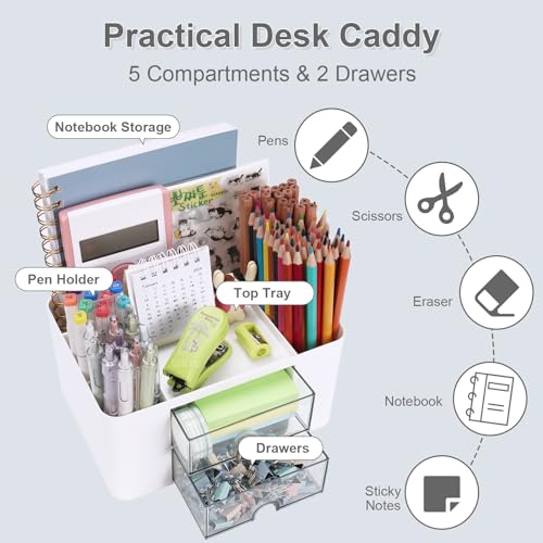 Meiikun Plastic Pen Organizer, Multifunctional Desk Organizer with 2 Drawers, 4 Compartments & a Top Tray, Pencil Holder Desktop Organizers and Accessories for Office, 7.7" x 5.5" x 3.9" (White) - color: 5 Compartments + 2 Drawer (White)