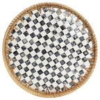 Round Rattan Tray with Mother of Pearl Inlay, Decorative Serving Tray with Wooden Base, Woven Wicker Tray for Coffee, Bread, Fruits, Home Decor(Black Checkerboard, 11.8")