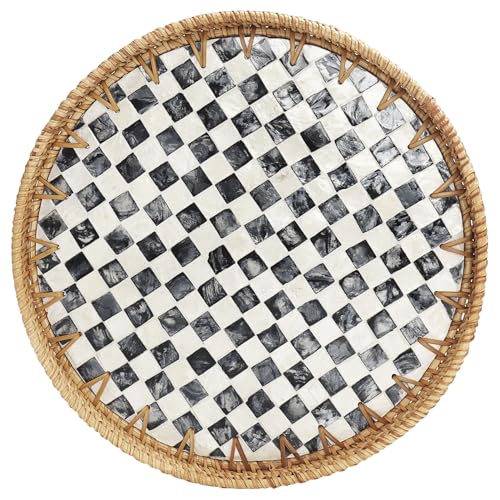 Round Rattan Tray with Mother of Pearl Inlay, Decorative Serving Tray with Wooden Base, Woven Wicker Tray for Coffee, Bread, Fruits, Home Decor(Black Checkerboard, 11.8")