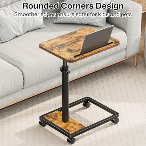 Adjustable TV Tray Table - 360° Rotating C Shaped End Side Table Sofa Couch Bed Table with Wheels for Eating Living Room Laptop - color: Brown