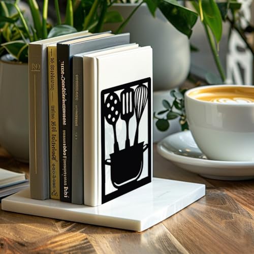 Peacoblue Metal Bookends Stopper Holder Stand for Shelves, 4.7"x3.5"x7" Heavy Duty Decorative Creative Study Kitchenware Bookends for Kitchen cookbooks for Small Cook Books, 1 Pair (Kitchenware) - color: Kitchenware