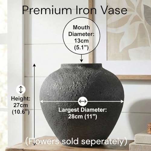 Black Large Round Vase Pottery Look for Home Decor, Arina Black Rustic Iron Vase Modern Farmhouse, Console Table Decor, Earthy Textured Metal Big Black Round Vases for Centerpieces, Jarrones Grandes - color: Black Large Round