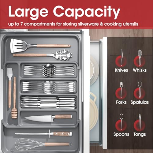 Aujen Silverware Organizer - Expandable Kitchen Drawer Organizer, Adjustable Utensil Organizer, Cutlery Tray for Forks, Knives, Multipurpose Kitchen Organizers and Storage Solution, Grey, Medium - color: Grey, size: Medium
