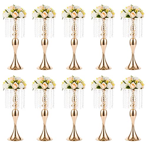 NUPTIO 10 Pcs 21.3 inches Tall Crystal Flower Stand Wedding Road Lead Tall Flower Holders Centerpiece Crystal Flower Chandelier Metal Flower Vase for Reception Tables Wedding Supplies - color: Gold, size: 10 x L