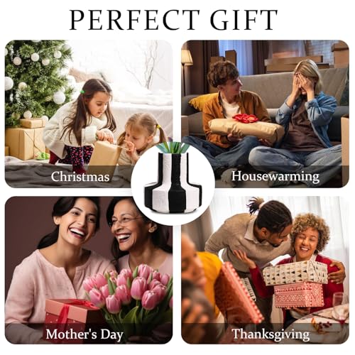 Modern Nordic Black and White Striped Ceramic Vase – Rough-Textured Minimalist Tabletop Decor for Living Room, Bedroom, Office – Unique Centerpiece for Wedding or Housewarming Gift
