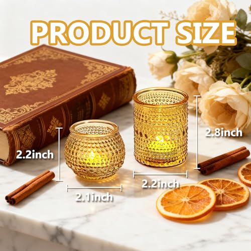 Rubtlamp Amber Votive Candle Holders Set of 24, 12Pack 2.1 * 2.7inch Glass Vintage Candles Holder 12Pack 2.1 * 2.1inch Tea Lights Candle Holders for Table Centerpiece Wedding Decor Home Decoration - color: Amber