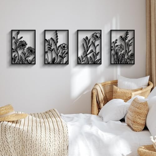Glamativity 4 Pcs Black Abstract Flowers Metal Wall Art, Minimalist Floral Single Line Wall Décor, 3D Textured Sculptures, Rustic Nature Wall Art Décor for Living Room, Bedroom, Study (L Size 22.5x15.7'') - color: Black Abstract Flowers, size: L Size 22.5