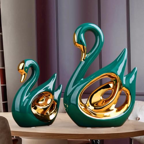 Ceramic Statue,2 Pieces Swan Sculpture Decor,Creative Ceramic Decorative,Crafts Ornaments Home Decor,Memorial Gift for Parents, Suitable for Shelf, Bookself, TV Stand Decor. - color: Green Gold Swan