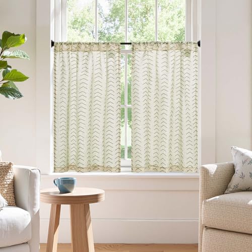jinchan Boho Linen Blend Kitchen Curtains 36 Inch Length Herringbone Printed Tier Curtains for Small Windows Bathroom Cafe Laundry Room Set of 2 Rod Pocket Green on Linen - color: Arrow | Green on Linen, size: 26"W x 36"L (Pack of 2)